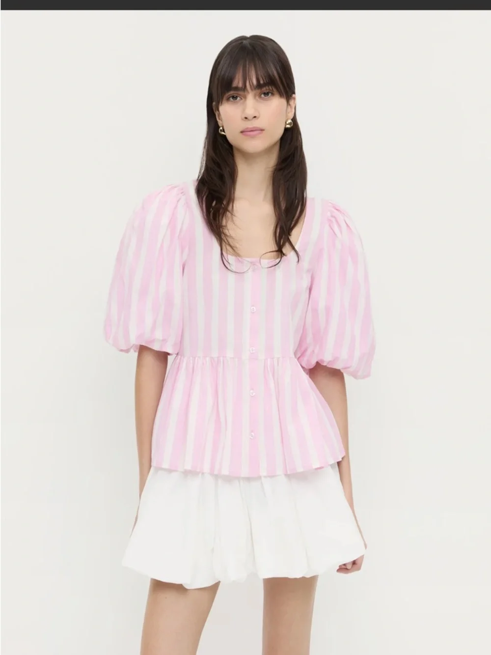 Loeffler Randall Pink and White Striped Puff-Sleeve Peplum Blouse - Picture 3 of 3